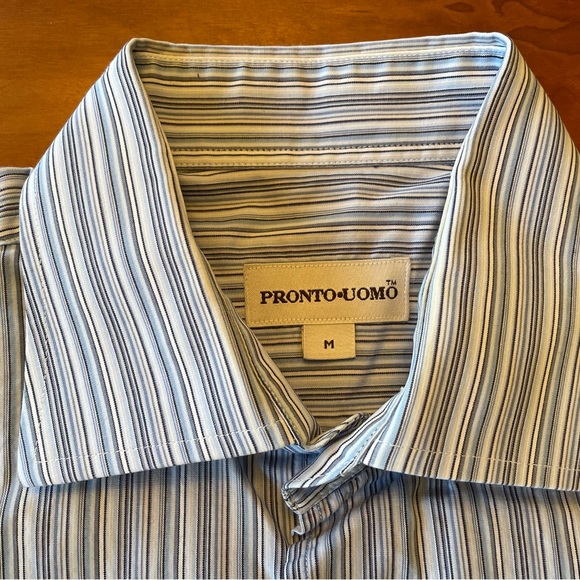 Pronto Uomo- white/blue/black striped button down shirt- M - Picture 7 of 7